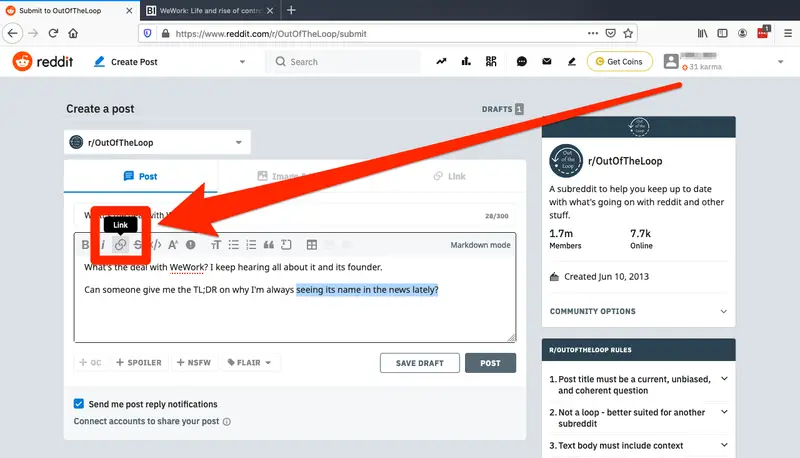 Reddit insert link
