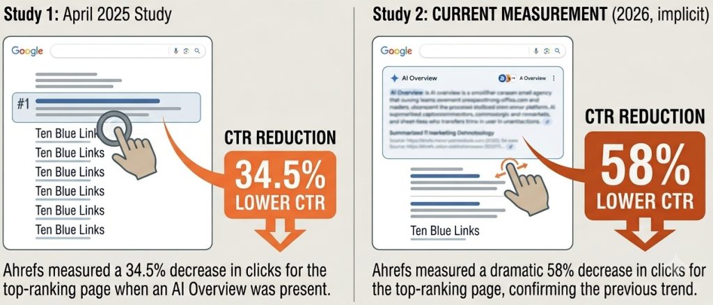 image summarizing ahrefs' study on the impact of google's ai overview on ctr