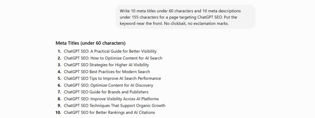 10 meta titles generated by ChatGPT for the keyword "ChatGPT SEO"