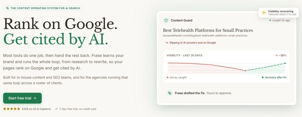 screenshot of frase's homepage
