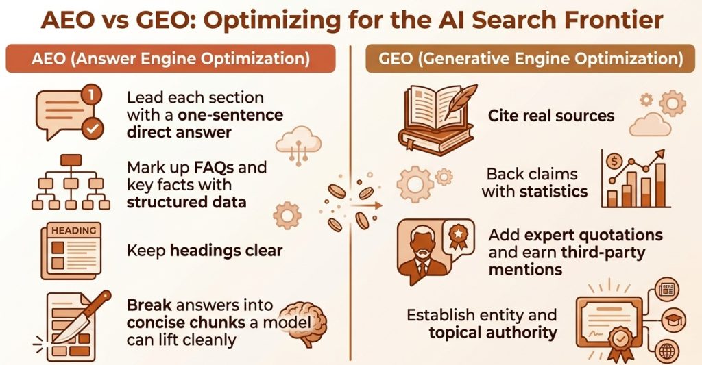 side by side comparison on how to optimize for aeo vs geo