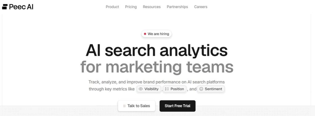 screenshot of the peec ai homepage