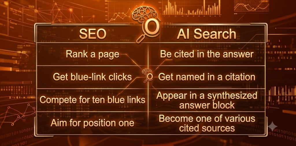 table comparing the main differences between SEO and AI search optimization