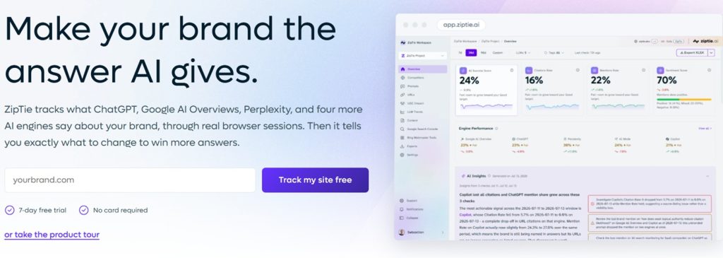 screenshot of the ziptie homepage